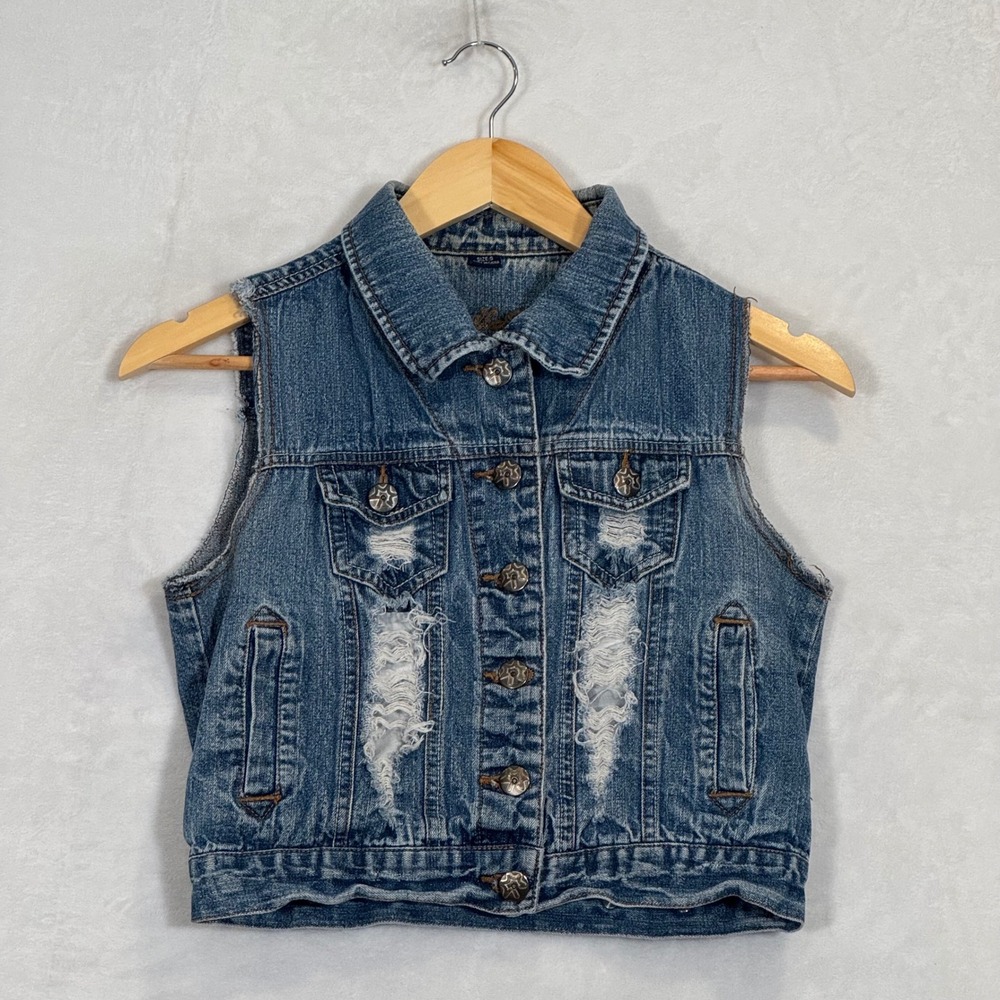 Vanilla Star Blue Distressed Denim Vest Small